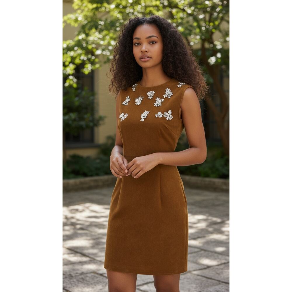 Commense Soft Brown Velvet Floral Jewel Mini Dress L NWT - European Elegance - Picture 10 of 10